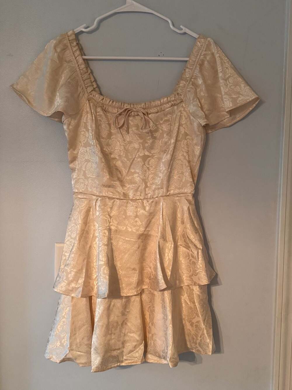 Francesca’s Coquette Champagne Jacquard Babydoll Mini Dress